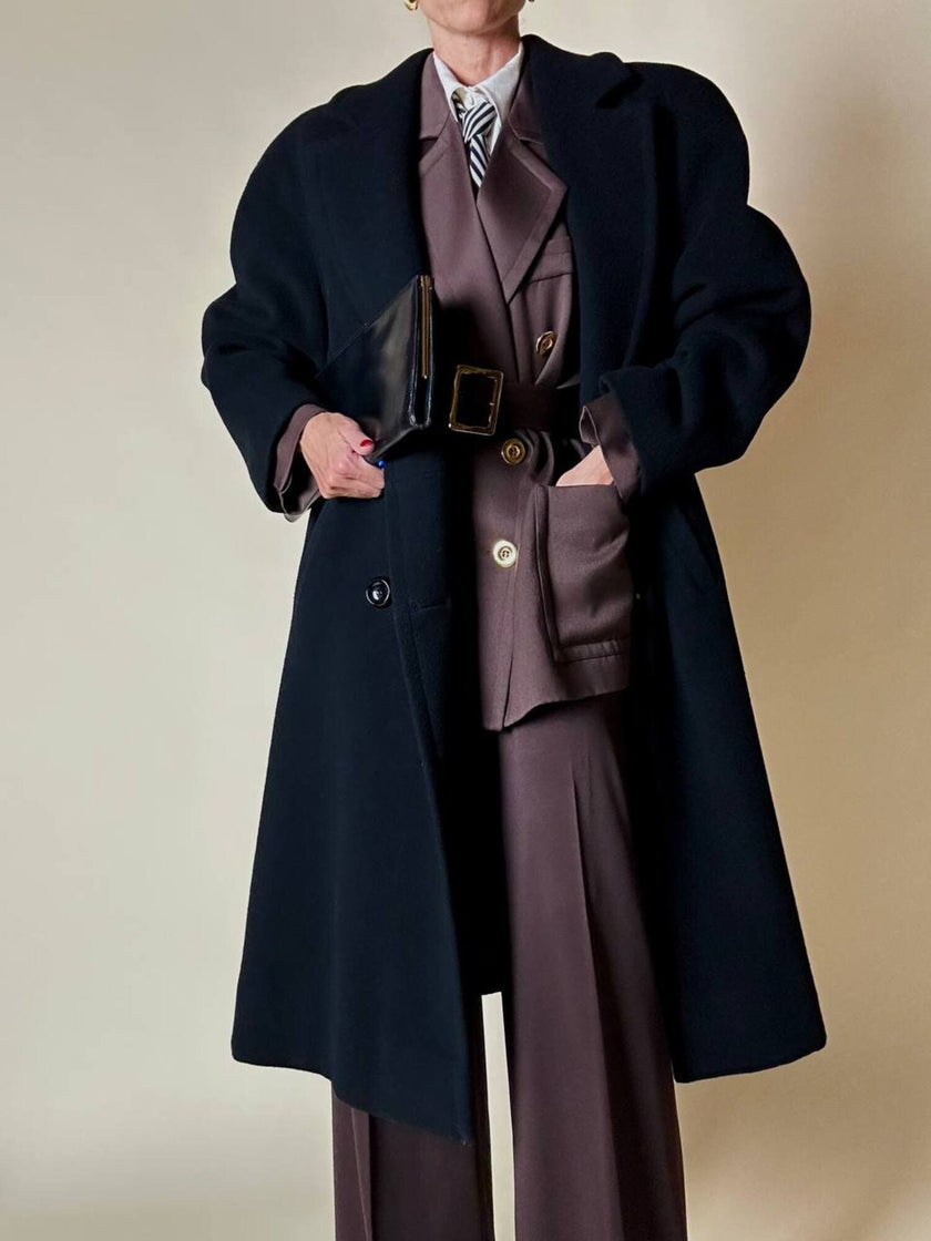 Blazer doppiopetto in lana color cioccolato “Yves Saint Laurent” con pantalone abbinato