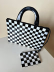 Vintage mother-of-pearl and horn handbag with checkered pattern and matching clutch