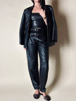 Blazer vintage in pelle nera Elizé Paris sciancrato con bottoni ricoperti in pelle