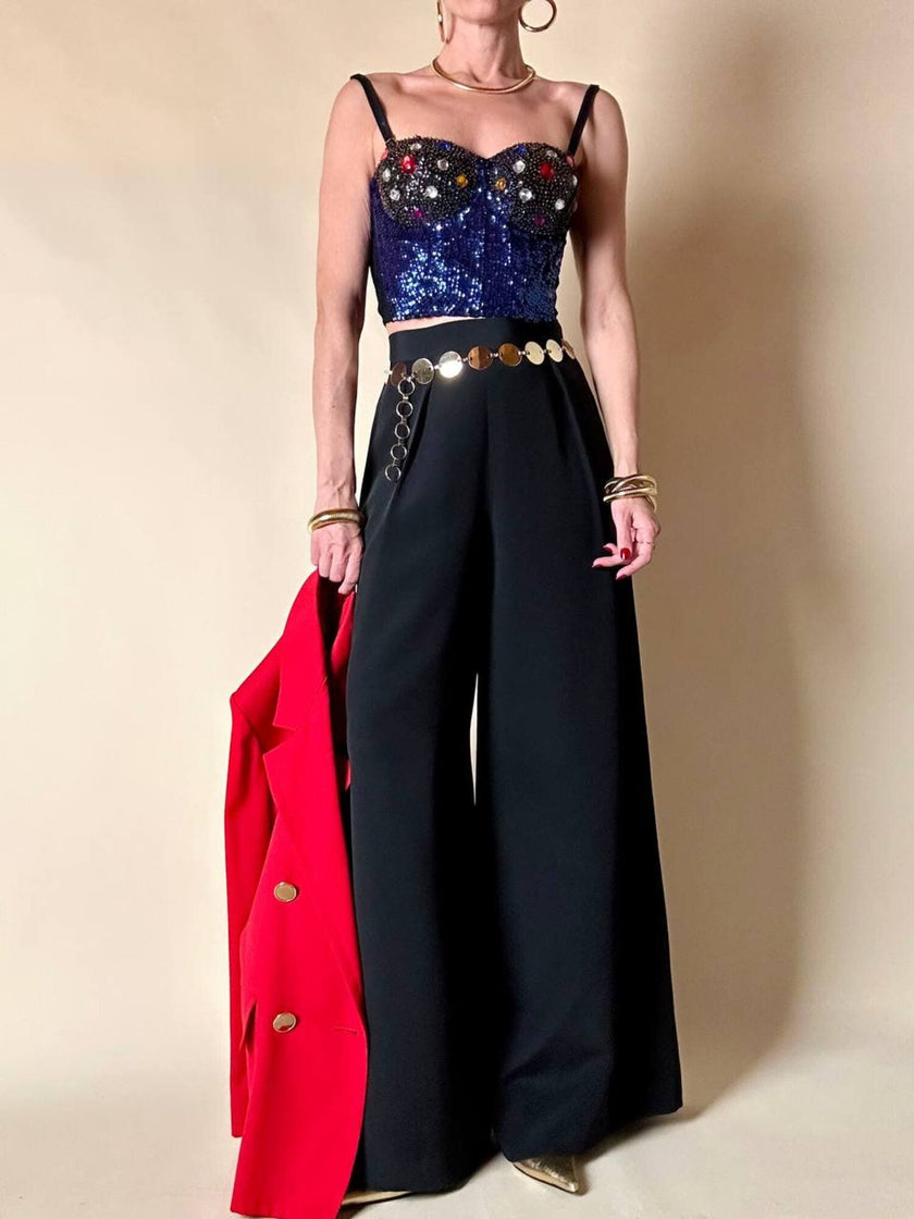 Bustier ricamato in paillettes bluette e strass multicolor