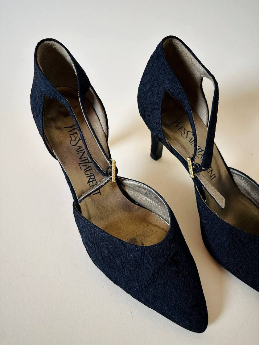 Scarpe in broccato nero con fibbie gioiello Yves Saint Laurent