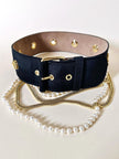 Cintura alta in gros grain nero con perle e catene pendenti “Moschino”