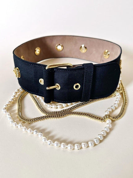 Cintura alta in gros grain nero con perle e catene pendenti “Moschino”