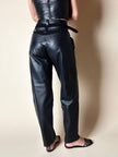 Pantalone vintage in pelle e camoscio nero a vita alta con doppie cinture