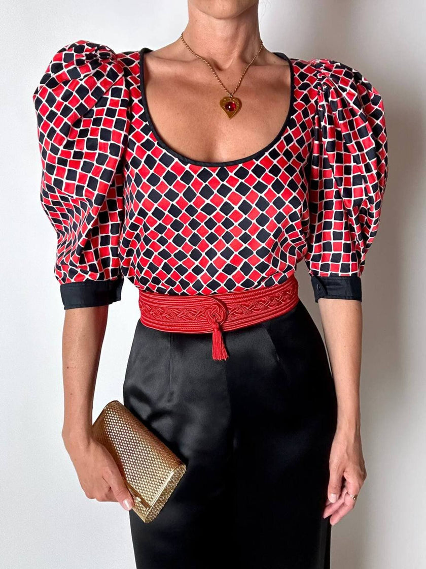 Blusa vintage Yves Saint Laurent fantasia Arlecchino con maniche a palloncino