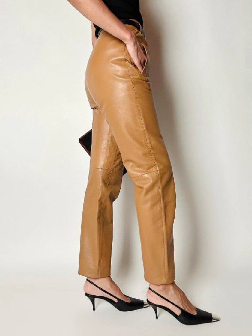 Vintage high-waisted tan leather trousers by Modissa