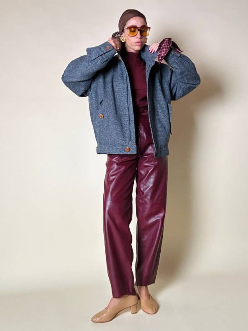 Bomber Yves Saint Laurent in lana grigio mélange con bottoni color cuoio