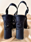 Slingback con plateau in raso di seta e rete ricamata “Gianni Versace”