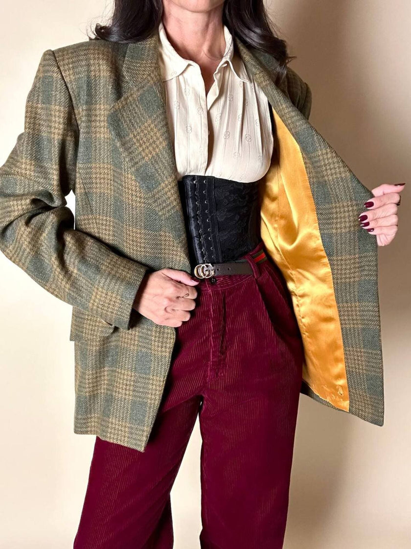 Blazer Yves Saint Laurent de lana con estampado de Príncipe de Gales verde y ocre