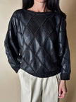 Blusa vintage in pelle nera patchwork con lavorazione crochet e maniche a pipistrello