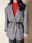 Blazer oversize in lana check beige e marrone con fodera fantasia uccellini