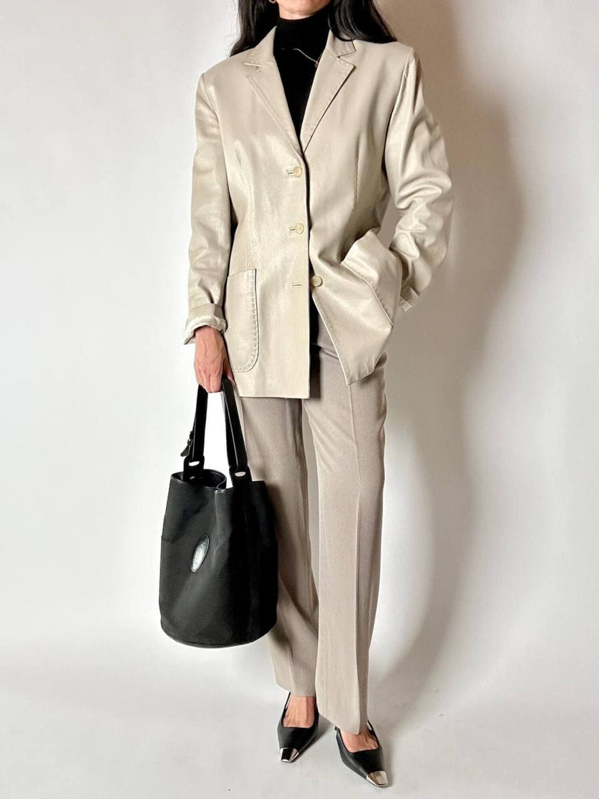 Pantalone Studio 0001 Ferré a vita alta con pince in tessuto operato greige
