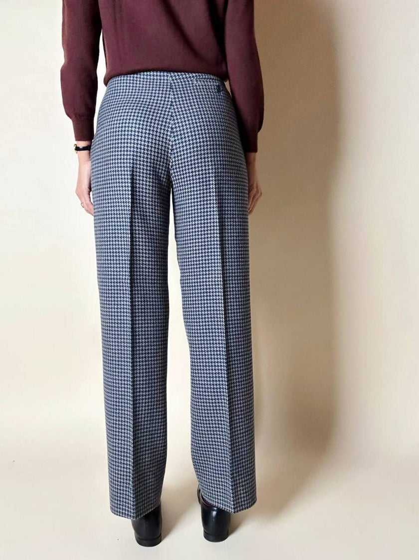 Pantalone a vita alta in lana pied de poule grigio e ottanio Basile