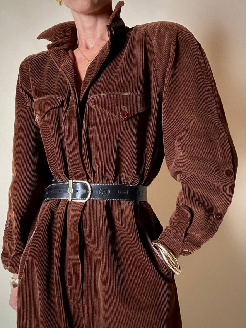 Combinaison vintage Complice en velours côtelé marron avec détails en cuir