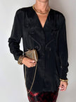 Camicia vintage in misto seta nero con passamanerie ricamate e nappe couture