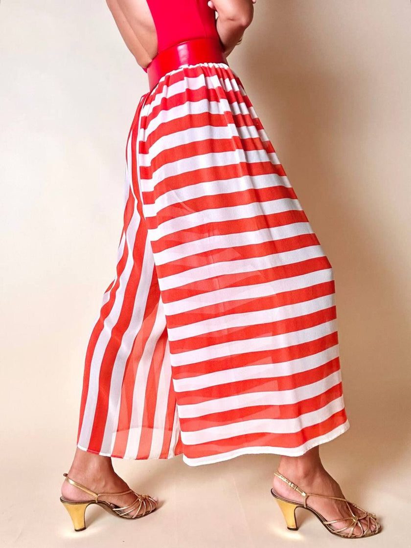 Gonna-pantalone sartoriale in chiffon di seta bianco e rosso a righe