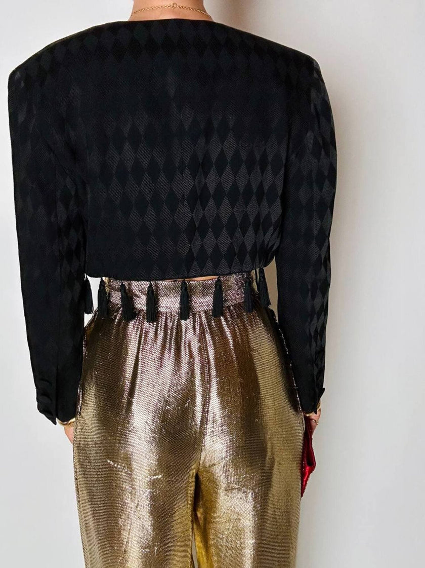 Spencer vintage Louis Féraud in tessuto jacquard nero operato a losanghe e nappine