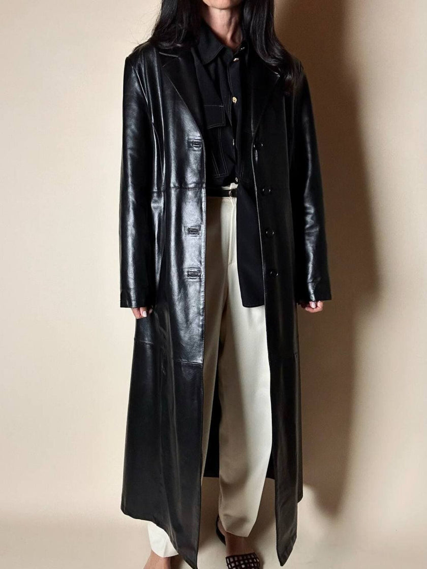 Maxi cappotto vintage in pelle nera semi lucida Vera Pelle