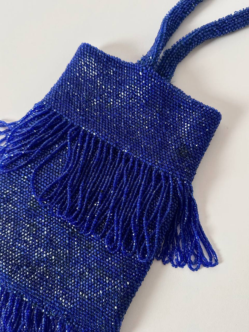 Borsetta gioiello vintage in perline di vetro bluette