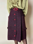 Gonna sartoriale A-Line in lana bouclé grigio antracite e rosso con bottoni in pelle