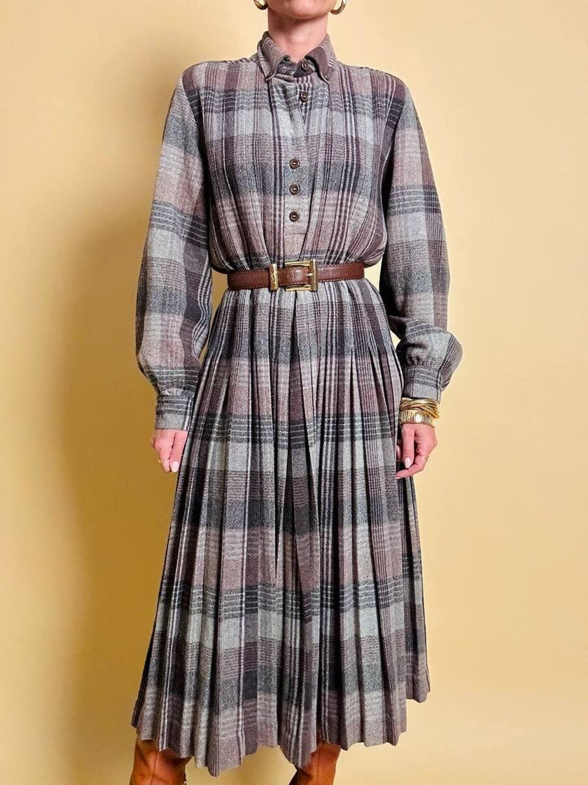 Maxi abito plissé in lana flanellata fantasia check