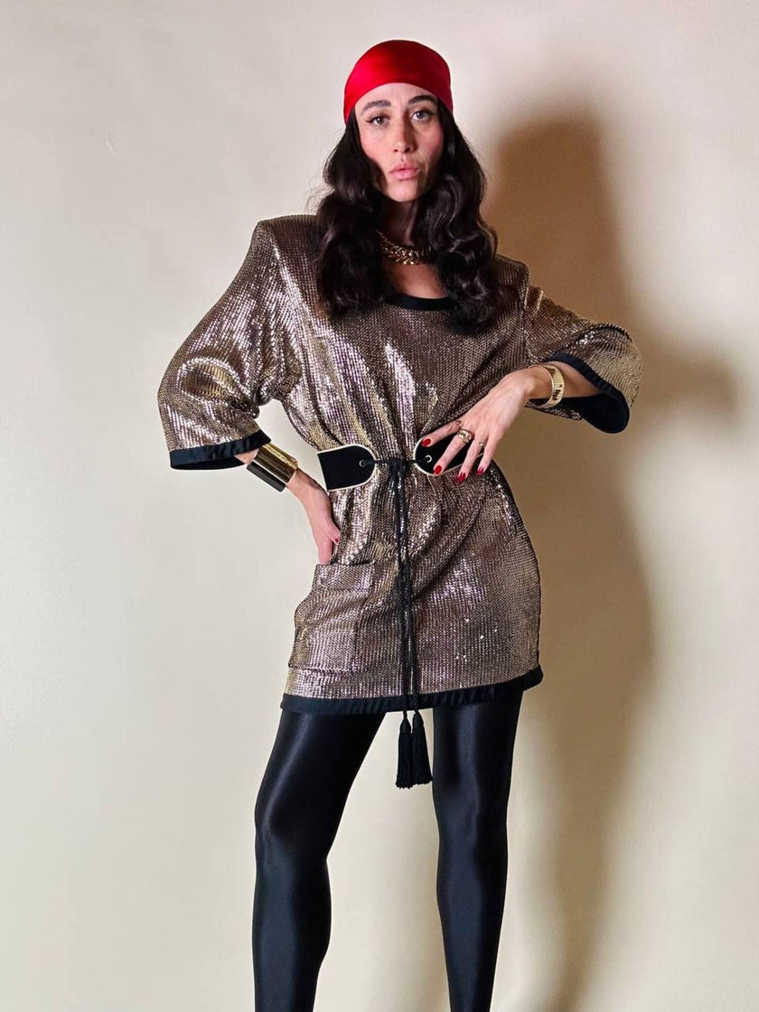 Mini dress oro in tessuto operato con profili neri in raso nero  “Yves Saint Laurent”