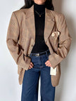 Blazer vintage oversize in fresco di lana principe di Galles beige e marrone con pochette in seta Vincam
