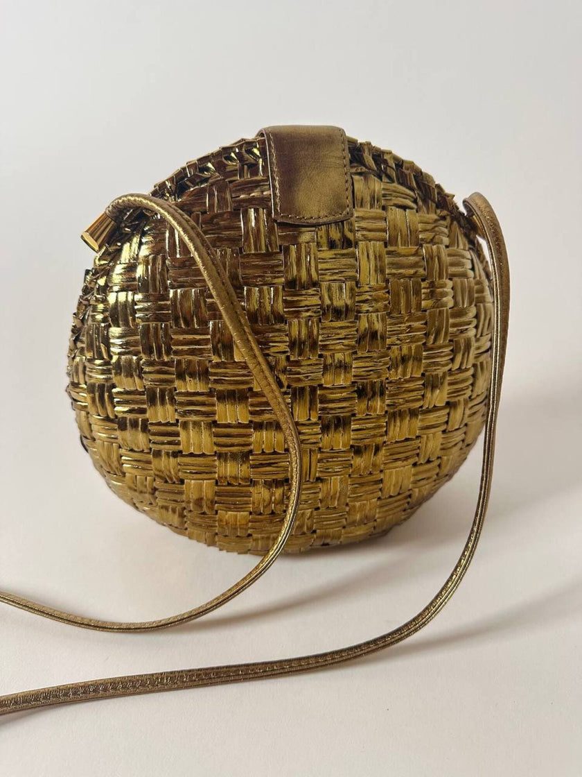 Borsa bandoulière vintage Rodo in midollino bronzo con chiusura gioiello