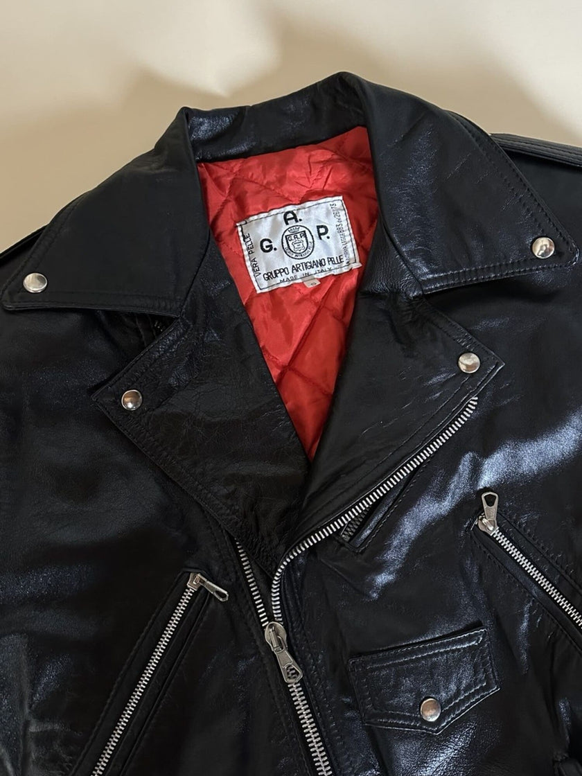 Giacca biker in pelle nera con fodera trapuntata rossa G.A.P. Gruppo Artigiano Pelle