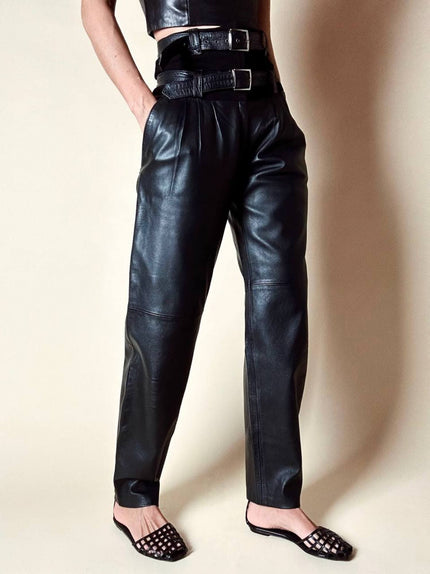 Pantalone vintage in pelle e camoscio nero a vita alta con doppie cinture
