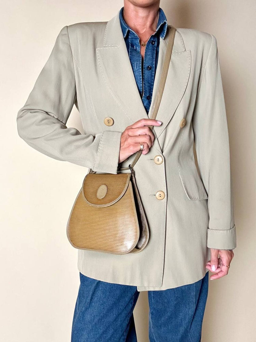 Borsa Yves Saint Laurent in tessuto plastificato millerighe color cammello con riporti in pelle argilla