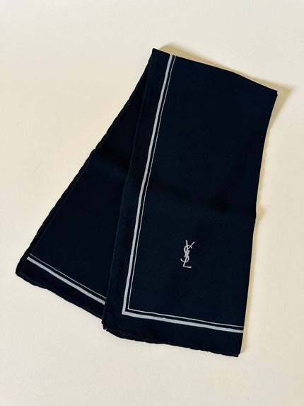 Foulard in seta nera con profili e logo bianchi  “Yves Saint Laurent”