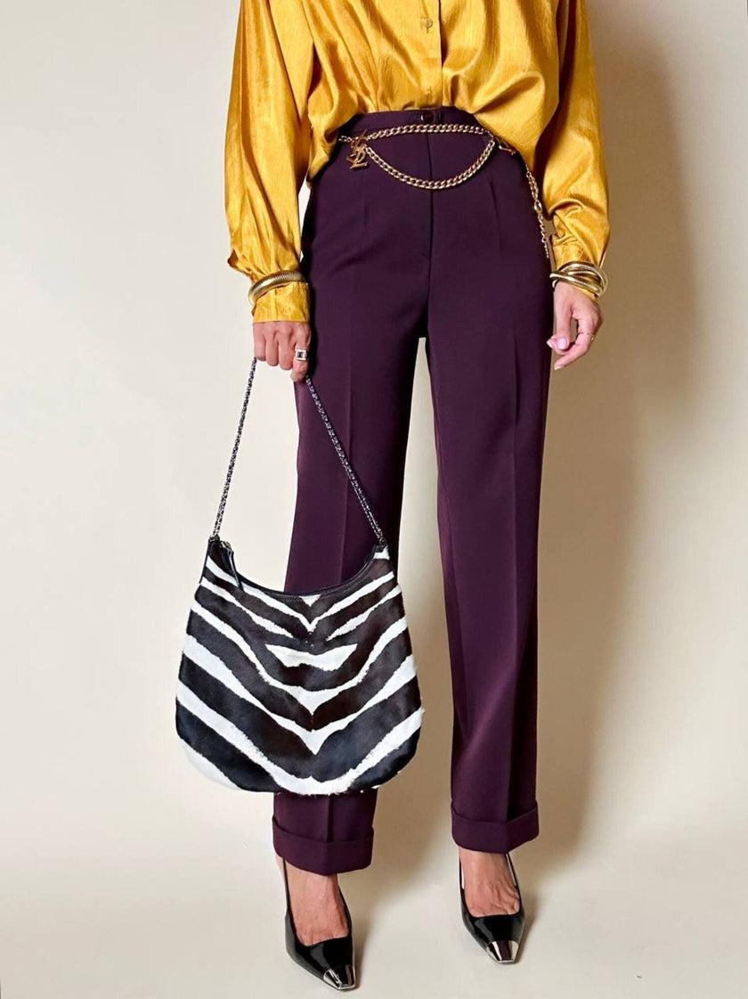 Pantalon tailleur taille haute à coupe cigarette couleur prune