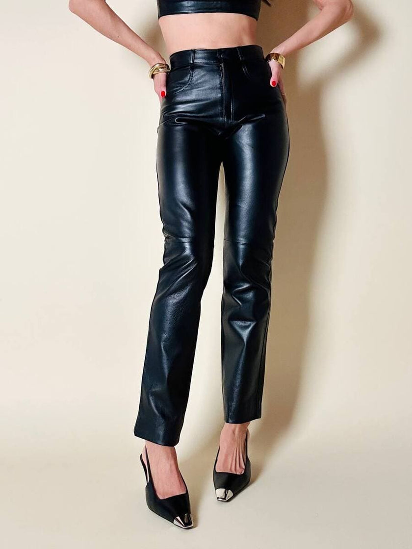 Pantalone in pelle nera cinque tasche