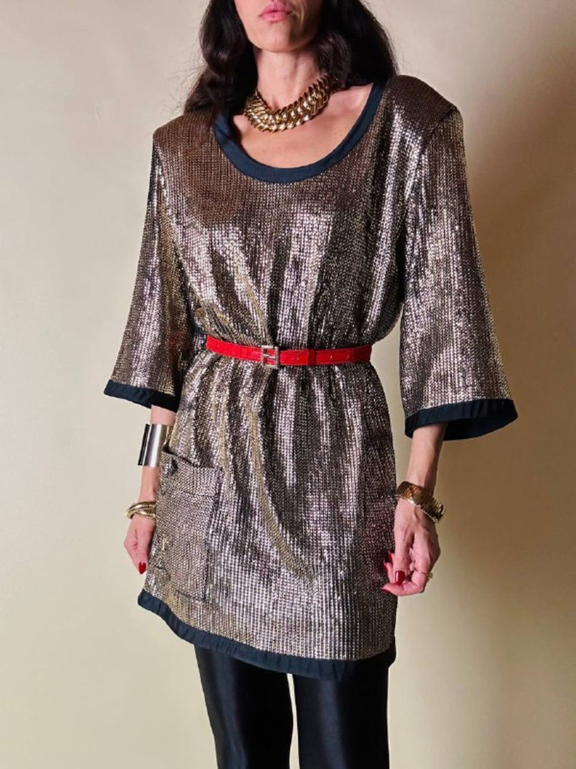 Mini dress oro in tessuto operato con profili neri in raso nero  “Yves Saint Laurent”