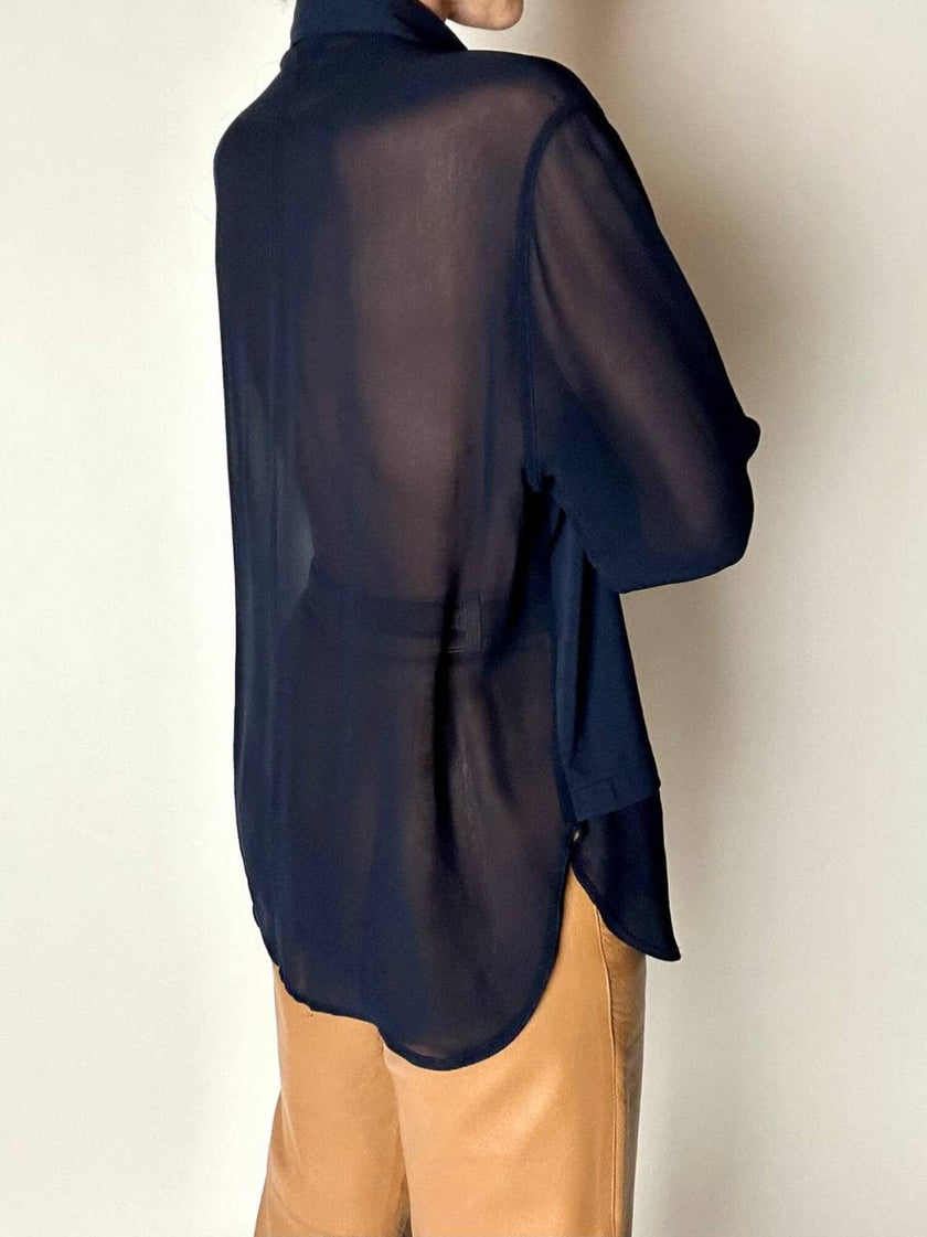 Camicia vintage Fendi Jeans blu navy con dettagli in crepe chiffon e bottoni in madreperla