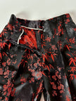 Pantalone vintage a vita alta in raso jacquard nero e rosso fantasia bambù e fiori di prugno