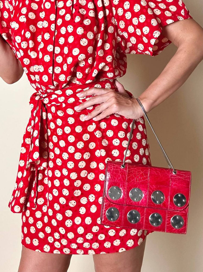 Mini abito rosso in seta jacquard a pois con fusciacca in coordinato “Fendi”