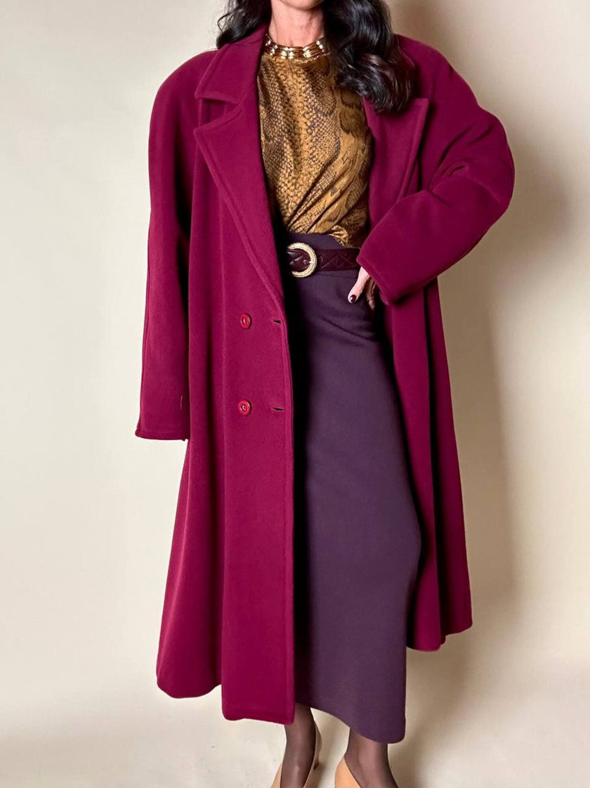 Cappotto doppiopetto oversize in lana rosso Borgogna Riflessi