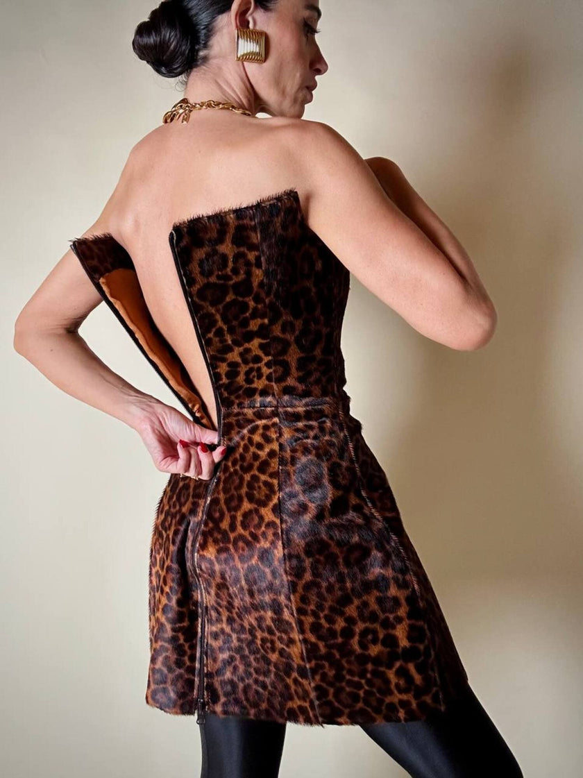 Mini abito con gonna a palloncino in cavallino leopardato