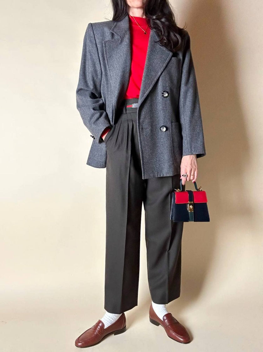 Blazer doppiopetto Yves Saint Laurent in panno di lana mélange grigio antracite