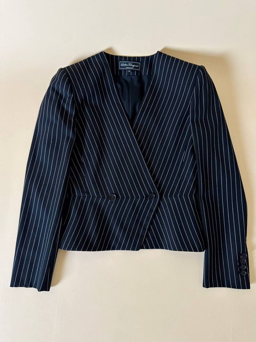 Mini blazer doppiopetto gessato in lana nera “Salvatore Ferragamo”