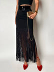 Gonna a tubino vintage Ivoire De Laurence Paris in jersey nero con frange lunghe