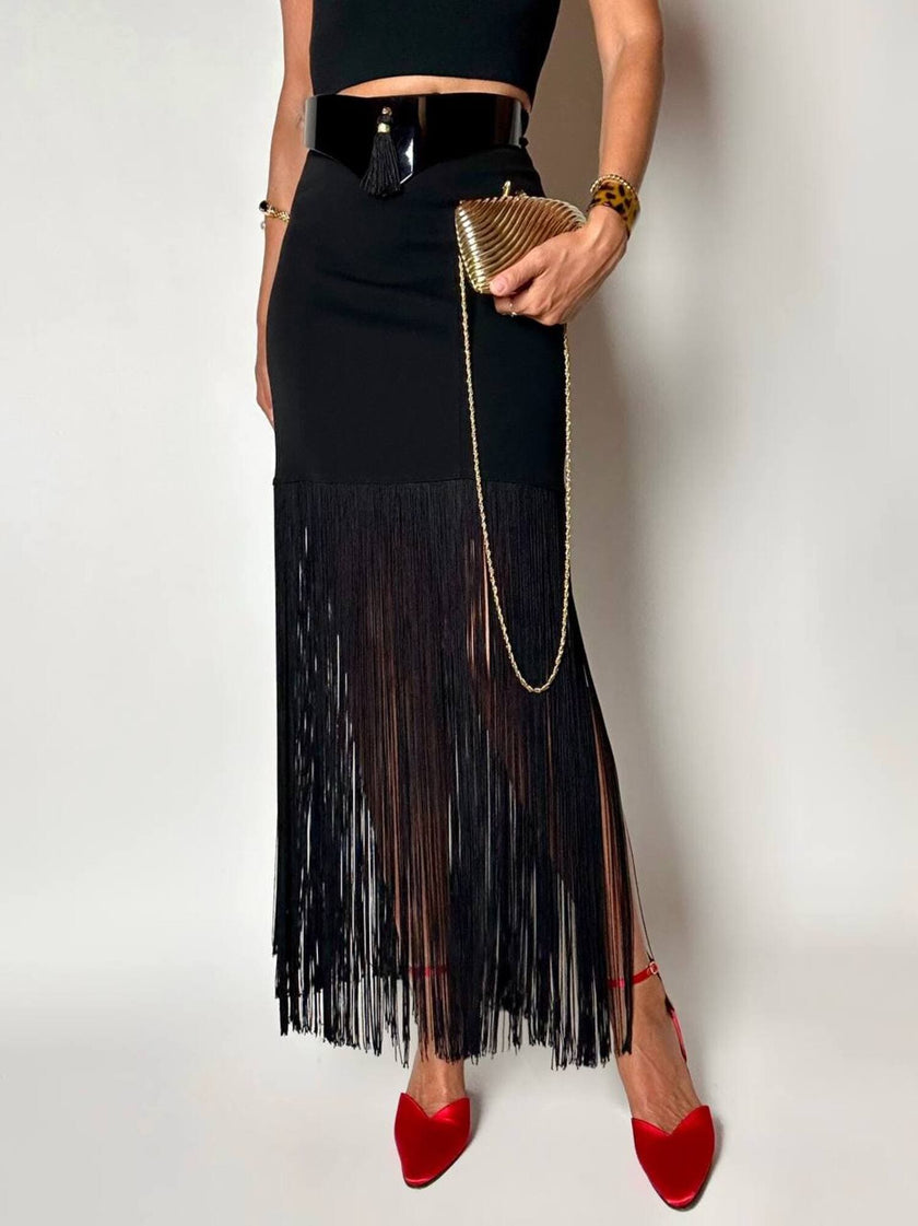 Gonna a tubino vintage Ivoire De Laurence Paris in jersey nero con frange lunghe