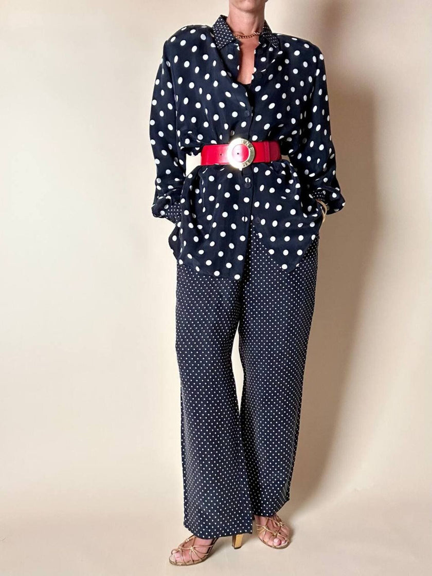 Completo oversize nero a pois bianchi in Cupro “Divina”