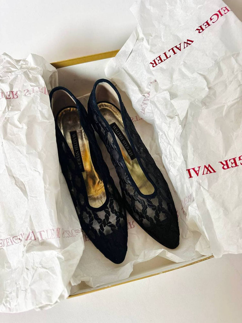 Ballerine vintage Walter Steiger in rete nera ricamata