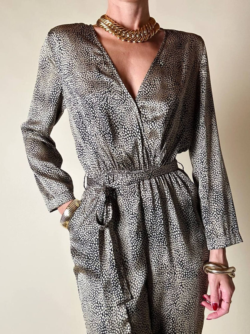 Jumpsuit in raso fantasia micro leopardo