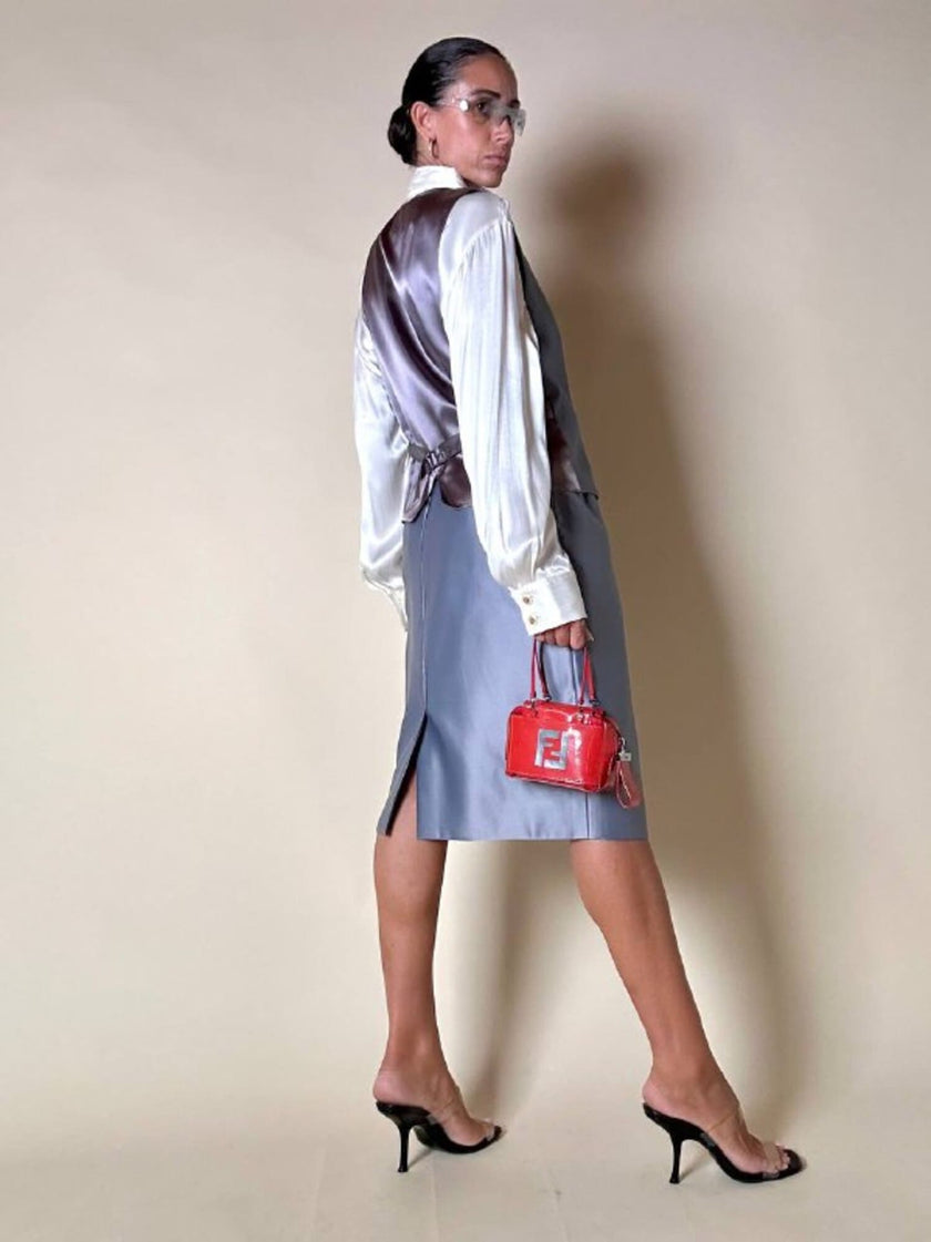 Completo gonna/gilet in raso grigio azzurro “Yves Saint Laurent”