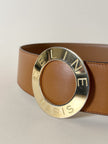 Cintura Celine in pelle color cuoio con fibbia rotonda in metallo dorato