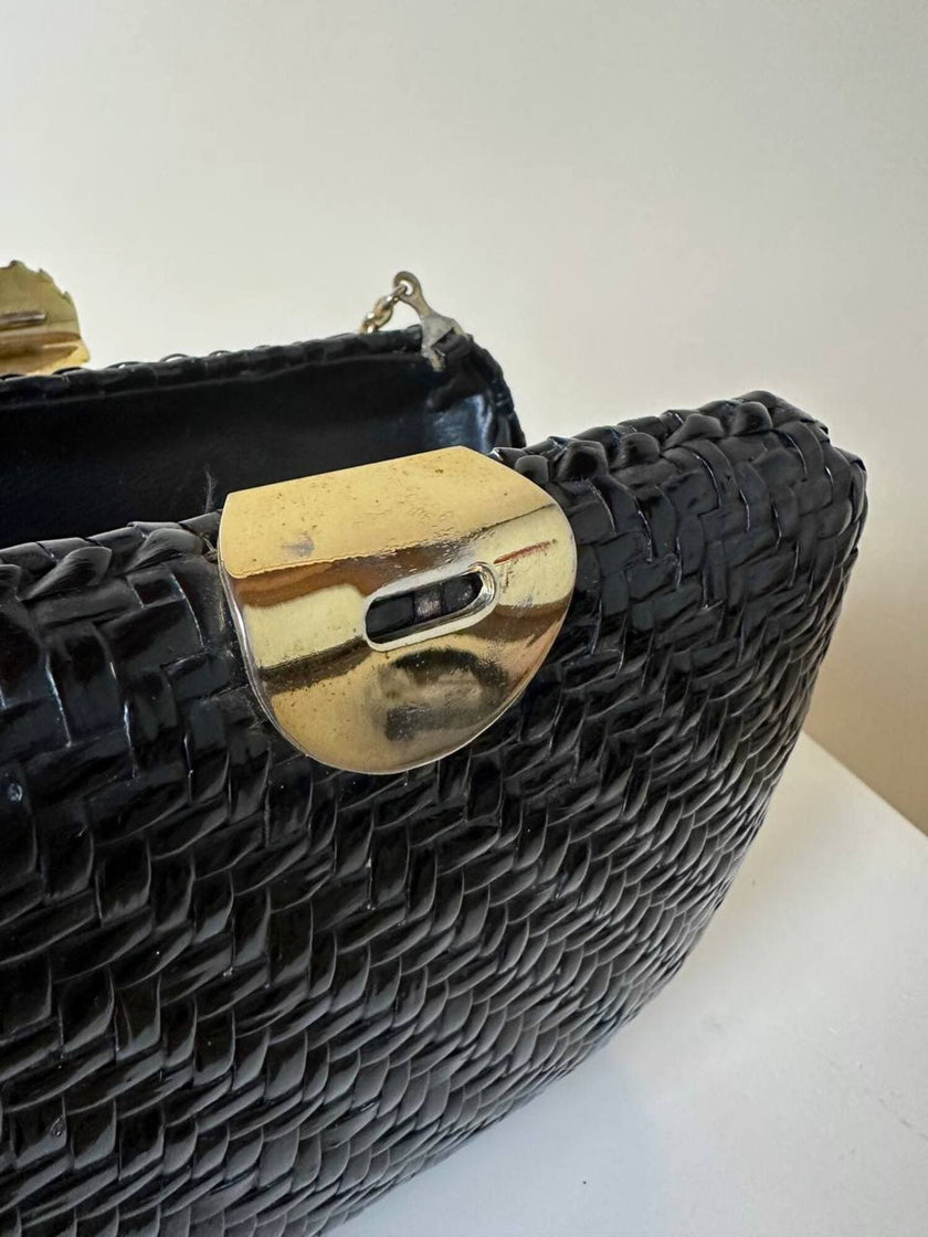 Borsa vintage Rodo in midollino nero con tracolla a catena oro